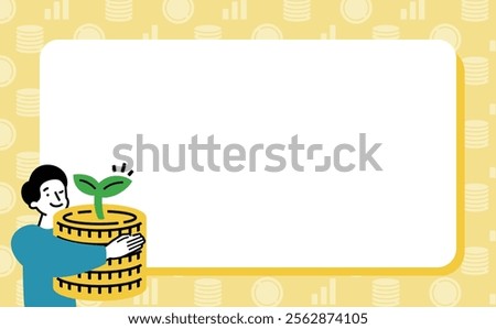 A man with growing money: A background frame of savings holding heavy money and growing investment and savings	