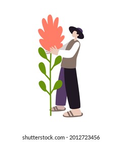 Man grown large flower. Vector illustration. Farmer with hat, a gardener. Theme of the beauty of nature and plants.