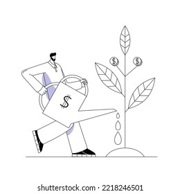 Un hombre cultiva un árbol de dinero. Ilustración sobre el tema de la inversión.