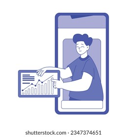 Man with Growth Chart Looking from Smartphone Screen as Social Marketing and Promotion Vector Illustration