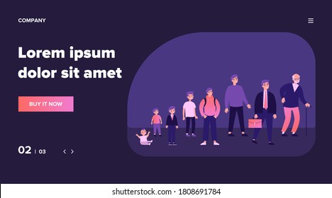 Man growth stages and lifecycle. Evolution from toddler to old man. Boy, teenager, student, adult, senior. Can be used for different generation, human age, life cycle concept
