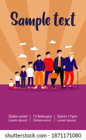 Man growth stages and lifecycle. Evolution from toddler to old man. Boy, teenager, student, adult, senior. Can be used for different generation, human age, life cycle concept
