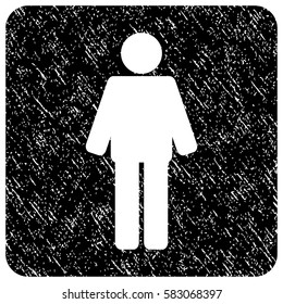 Man grunge textured icon. Rounded square with symbol shape hole. Flat style with dirty texture. Corroded vector black ink rubber seal stamp with grainy design. Designed for overlay watermark stamps.