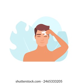 Man with gua sha massaging forehead skin along massage lines for healthy lifting vector illustration