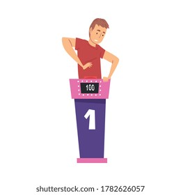 Man Guessing Question and Pressing Button on Quiz Show, Guy Playing on Television Conundrum Game Cartoon Style Vector Illustration