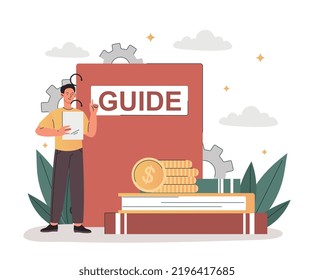 Man with guide. Character reads instructions for purchased product, poster or banner for website. Search for information, education, learning and self development. Cartoon flat vector illustration
