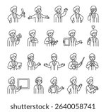 Man guide character set with hands, books, signs, boards, devices, emotions, communication, presentation, teaching, reading, message, symbols, approval, music, and expressive human poses