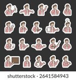 Man guide character set with hands, books, signs, boards, devices, emotions, communication, presentation, teaching, reading, message, symbols, approval, music, and expressive human poses
