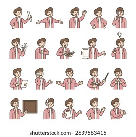 Man guide character set with hands, books, signs, boards, devices, emotions, communication, presentation, teaching, reading, message, symbols, approval, music, and expressive human poses