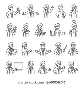 Man guide character set with hands, books, signs, boards, devices, emotions, communication, presentation, teaching, reading, message, symbols, approval, music, and expressive human poses
