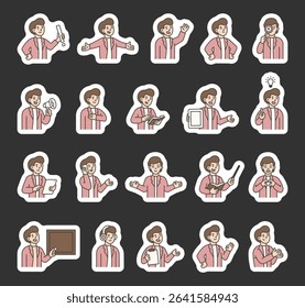 Man guide character set with hands, books, signs, boards, devices, emotions, communication, presentation, teaching, reading, message, symbols, approval, music, and expressive human poses