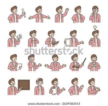 Man guide character set with hands, books, signs, boards, devices, emotions, communication, presentation, teaching, reading, message, symbols, approval, music, and expressive human poses