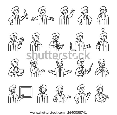 Man guide character set with hands, books, signs, boards, devices, emotions, communication, presentation, teaching, reading, message, symbols, approval, music, and expressive human poses