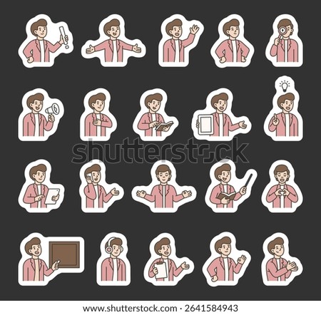 Man guide character set with hands, books, signs, boards, devices, emotions, communication, presentation, teaching, reading, message, symbols, approval, music, and expressive human poses