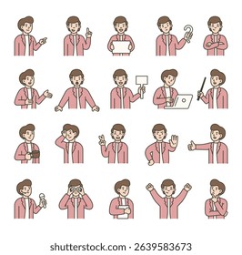 Man guide character set with human features demonstrate communication, direction, teaching, thinking, celebration, and various emotional reactions for yours illustration and creative designs projects