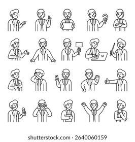Man guide character set with human features demonstrate communication, direction, teaching, thinking, celebration, and various emotional reactions for yours illustration and creative designs projects