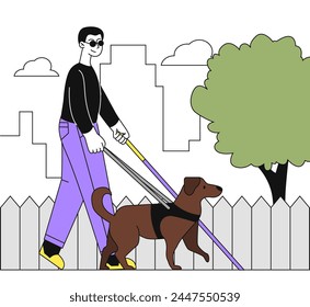 Man with guide dog linear. Young guy with problems with sight. Character in sunglasses walks outdoors. Person with disability. Simple flat vector illustration isolated on white background