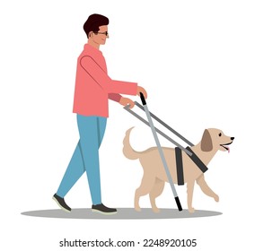 Hombre con un perro guía caminando. Persona con discapacidad visual o ciega cruzando una calle peatonal con bastón y labrador visual. El espacio inclusivo de la ciudad. Ilustración vectorial plana aislada