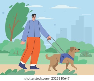 Man with a guide dog walkingin the park. Person who is visually impaired or blind person with seeing-eye labrador. Isolated flat vector illustrationWorld Disability Day. People with Disabilities