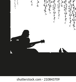 man with guitar, black and white, silhouette, siesta, singer