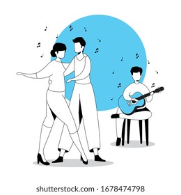 man with guitar and couple dancing vector illustration design