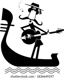 Man With Guitar And Gondola Illustration. Funny Gondolier With Long Mustaches Rides On Gondola Plays Guitar And Singing Isolated On White
