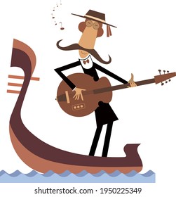 
Man With Guitar And Gondola Illustration. 
Funny Gondolier With Long Mustaches Rides On Gondola Plays Guitar And Singing Isolated On White
