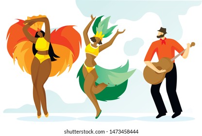 Man with Guitar in Hands and Women in Hats and Feathers. Dancers Dance. People Celebrate Brazilian Carnival. Traditional Brazilian Costume. National Holiday of Brazil. Vector Illustration.
