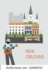 Man with guitar in New Orleans. Vector