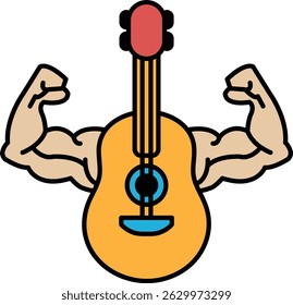 A man with a guitar on his chest. The guitar is yellow and the man is muscular