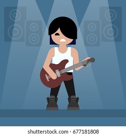 Man with a guitar performs on stage. Flat design. Vector illustration