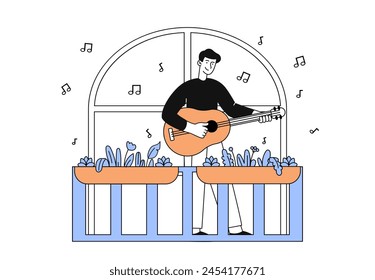 Man guitar play at balcony simple. Talented musican sing song from home. Creativity and art. Guitarist and singing performing. Doodle flat vector illustration isolated on white background