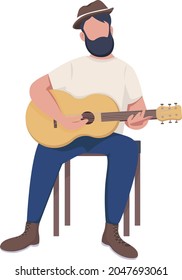 Hombre con carácter vectorial de color semiplano de guitarra. Sentado. Persona de cuerpo entero sobre blanco. Músico interpretando ilustraciones de estilo de dibujos animados modernos y aislados para el diseño gráfico y la animación