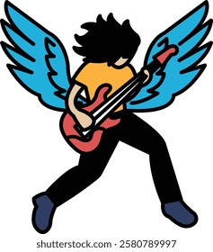 A man with a guitar is shown with wings. The image is of a rock star playing guitar