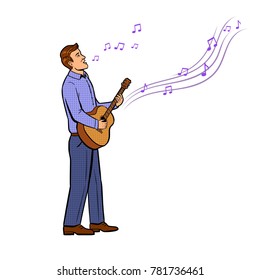 Man with guitar sings song pop art retro vector illustration. Comic book style imitation.