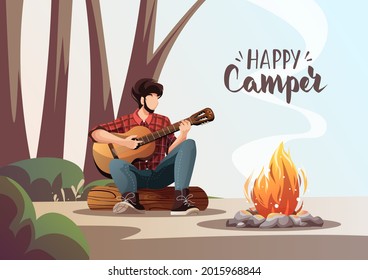 Hombre con guitarra sentado por una fogata en el bosque. Camping en verano, viaje, excursión, excursionismo, acampada, naturaleza, concepto de viaje. Ilustración vectorial para afiche, pancarta, tarjeta postal, portada.