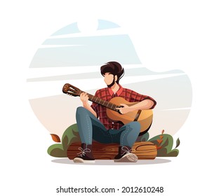 Man with guitar sitting on a log in nature. Summertime camping, traveling, trip, hiking, camper, nature, journey concept. Isolated vector illustration for poster, banner, card, cover, postcard.