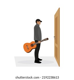 A man with a guitar stands in front of a door on a white background
