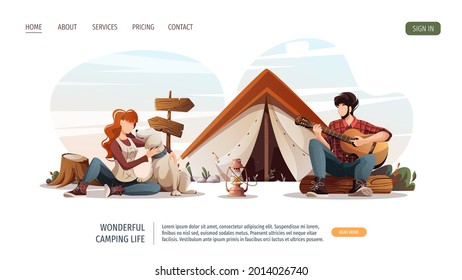 Man with guitar and woman with dog sitting by tent. Summertime camping, traveling, trip, hiking, camper, nature, journey concept. Vector illustration for poster, banner, website.