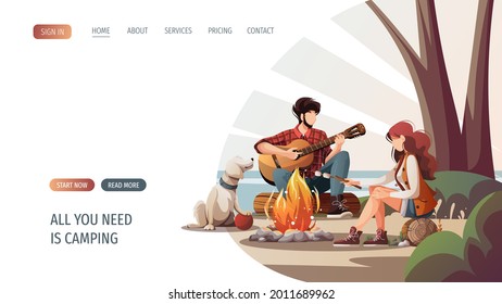 Man with guitar, woman with marshmallow and dog sitting by campfire. Summertime camping, traveling, trip, hiking, camper, nature, journey concept. Vector illustration for poster, banner, website.