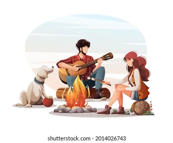 Man with guitar, woman with marshmallow and dog sitting by campfire. Summertime camping, traveling, trip, hiking, camper, nature, journey concept. Vector illustration for poster, banner, card.