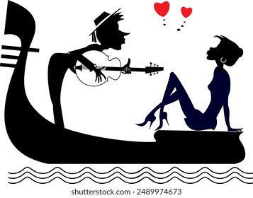 Man with guitar and woman ride on gondola. 
Singing man with guitar and happy young woman ride on gondola. Heart symbol. Black and white illustration
