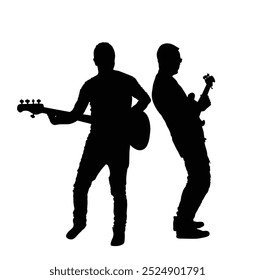 Mann Gitarrist Spieler Duett Vektor Silhouette Illustration einzeln. Beliebte Jungs Musik Superstar auf der Bühne. Gitarrenmusikinstrument. Rock and Roll Gitarrist Duo männlichen Konzertereignis öffentliche Unterhaltung.