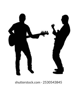 Mann Gitarrist Spieler Duett Vektor Silhouette Illustration einzeln. Beliebte Jungs Musik Superstar auf der Bühne. Gitarrenmusikinstrument. Rock and Roll Gitarrist Duo männlichen Konzertereignis öffentliche Unterhaltung.