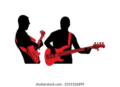 Man guitarist player duet vector silhouette illustration isolated. Popular boys music super star on stage. Guitar music instrument. Rock and roll guitarist duo male concert event public entertainment.