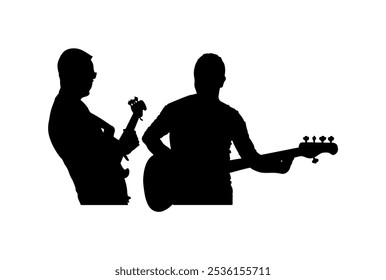 Mann Gitarrist Spieler Duett Vektor Silhouette Illustration einzeln. Beliebte Jungs Musik Superstar auf der Bühne. Gitarrenmusikinstrument. Rock and Roll Gitarrist Duo männlichen Konzertereignis öffentliche Unterhaltung.