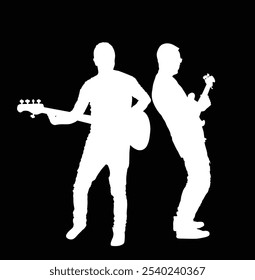 Mann Gitarrist Spieler Duett Vektor Silhouette Illustration einzeln. Beliebte Jungs Musik Superstar auf der Bühne. Gitarrenmusikinstrument. Rock and Roll Gitarrist Duo männlichen Konzertereignis öffentliche Unterhaltung.