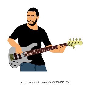 Hombre guitarrista Ilustración vectorial del jugador aislado en blanco. Chico Populares super estrella de la música en el escenario. Instrumento de música de guitarra. Rock y rollo guitarrista masculino evento de concierto. Entretenimiento público.