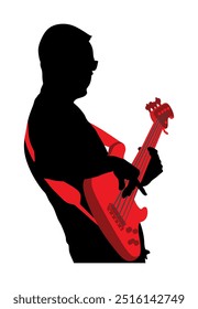 Mann Gitarrist Spieler Vektor Silhouette Illustration einzeln auf weiß. Beliebte Boymusik Superstar auf der Bühne. Gitarrenmusikinstrument. Rock and Roll Gitarrist Männerkonzert. Öffentliche Unterhaltung.