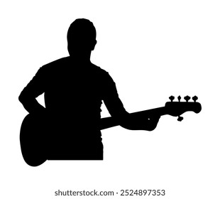 Mann Gitarrist Spieler Vektor Silhouette Illustration einzeln auf weiß. Beliebte Boymusik Superstar auf der Bühne. Gitarrenmusikinstrument. Rock and Roll Gitarrist Männerkonzert. Öffentliche Unterhaltung.